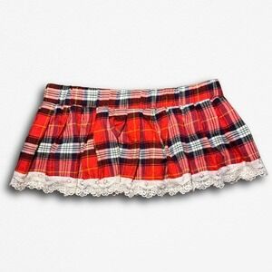 Red Plaid Micro Mini Skirt Lace Trim Pleated Tartan Punk Schoolgirl Ultra Short